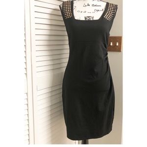 Rose gold copper studded Express LBD dress military shoulder bodycon black 12